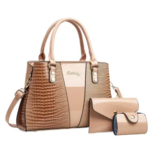 Elegante 3-delige dames handtas set met krokodillenpatroon, lakleer, handvat en crossbodytas.
