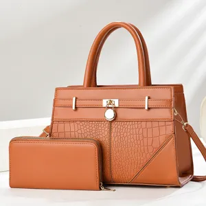 Brown crocodile pattern handbag set with matching wallet, stylish top handle and shoulder bag.