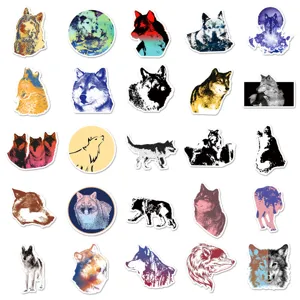 Wolf stickers detail view showing diverse artistic watercolor and silhouette designs for DIY crafts.