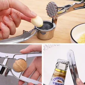 4-in-1 stainless steel garlic press manual ginger mincer walnut cracker and bottle opener kitchen tool