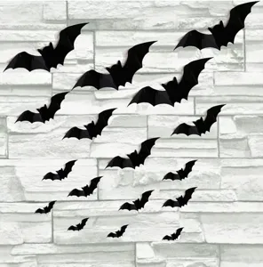 Black bat stickers Halloween wall decor removable 3D bats showcase window party details view.