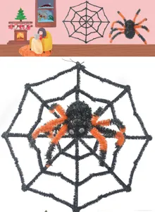 Halloween spider web decoration prop featuring a fluffy black and orange spider model indoors.