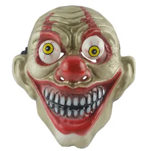 Gruselige Clown Maske Detailansicht mit herausstehenden Augen und grinsendem breitem Mund.