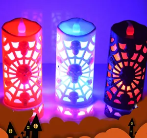 Lampe de bougie LED Halloween crâne toile d'araignée clignotant coloré vue détaillée