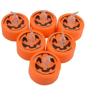 Halloween LED orange pumpkin tea light candles, flameless plastic decorative party props 6pcs