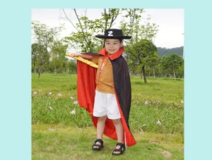Kids Zorro costume detail with black cape and Z logo hat for Halloween cosplay party.