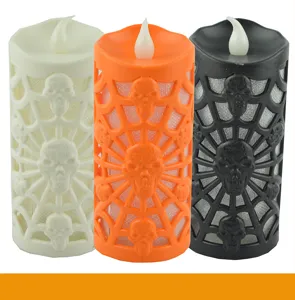Bougies électroniques LED Halloween avec crâne et toile d'araignée en trois couleurs.