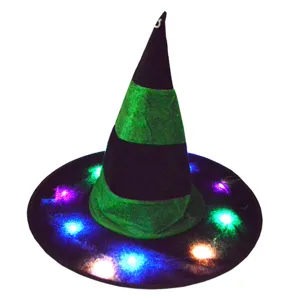 Halloween LED leuchtender Hexenhut, schwarz-grün gestreifter Zauberhut für Party.