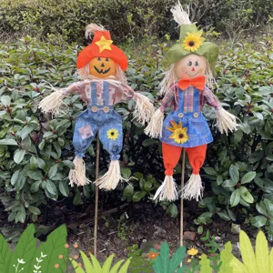 Halloween Decoration Pastoral Scarecrow Doll Ornaments With Wooden Pole Cute Pumpkin Smile Face Burlap Figure Layout Props For Home Bar Garden Party Decor