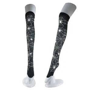 Detailed view of black Halloween thigh high stockings featuring white spider web patterns.