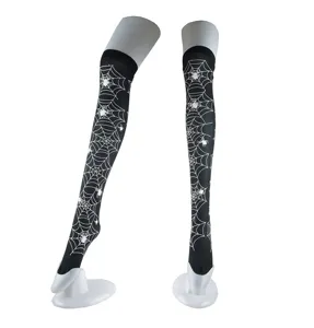 Black over-the-knee stockings featuring a spooky white spiderweb pattern, perfect for Halloween.