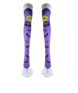 Calze lunghe viola di Halloween con stampa pipistrello luna castello festa cosplay