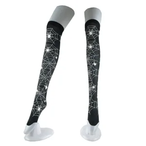 Halloween black over-the-knee stockings with white spiderweb print, perfect for party costumes.
