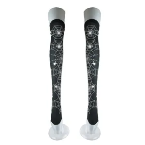 Halloween black over-the-knee socks with white spider web patterns for party wear main view