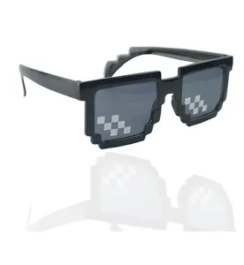 Pixelated sunglasses detail view, black frame with mosaic pattern for fun party and video props.