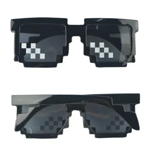 Pixelated Thug Life mosaic sunglasses, funny retro pixel black party eyewear main view.