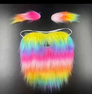 Set costume con finta barba e sopracciglia in pelliccia arcobaleno per festa di Halloween.