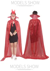 Red sequin cape Halloween costume party cloak with high collar and front tie for women.