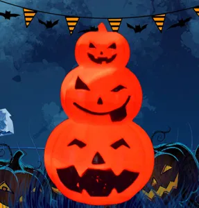 Stacked orange pumpkin lantern detail, glowing Halloween decoration props with carved spooky faces.