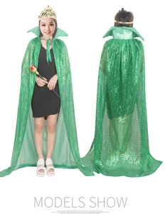 Green sequin cape Halloween party costume cosplay cloak with crown and scepter set.