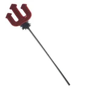 Red sequined devil trident prop with black feathers for festival party and cosplay events.