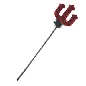 Red devil trident costume prop with glitter sequins and black feathers for Halloween party.