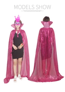Pink sequin cape for Halloween party, cosplay costume shawl with stand-up collar.