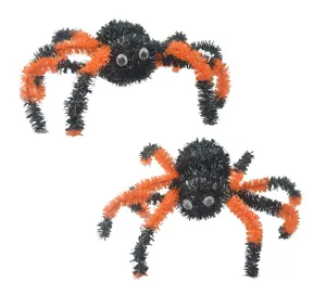Halloween fuzzy pipe cleaner spider crafts, black and orange spooky party decor details.