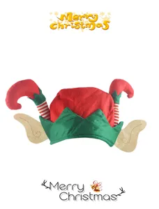 Detailed shot of Christmas elf hat featuring oversized ears and striped legs for holiday party.