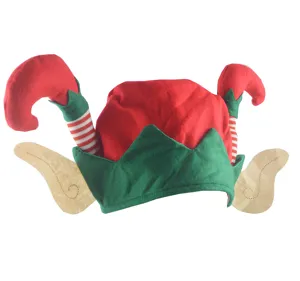 Close-up detail of the Christmas elf hat featuring red and green colors with striped curl horns.