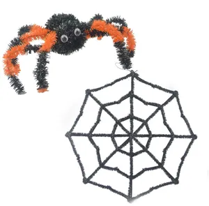 Halloween pipe cleaner spider and web set, scary black and orange party hanging decoration prop.
