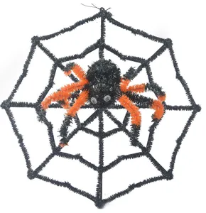 Halloween black and orange pipe cleaner spider web decoration for spooky party prop display