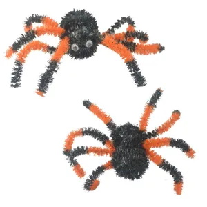 Halloween pipe cleaner spider props, black and orange fuzzy spider decorations for party.
