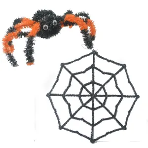 Halloween black and orange pipe cleaner spider and web decoration set for spooky party props.