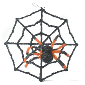 Halloween decoration black pipe cleaner spider web with orange spider hanging prop party