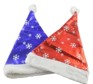 Glanzende metalen kerstmutsen met witte sneeuwvlokken en zachte pluche randen set