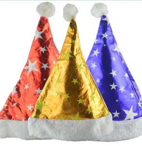 Metalen ster print kerstmutsen set, feestelijke kegelvormige hoeden met pluche rand.