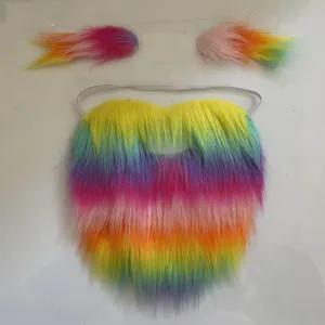 Set di barba e sopracciglia in pelliccia sintetica arcobaleno colorato per feste di Halloween.