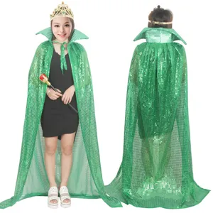 Green sequin cape costume for women, hooded cloak with crown and scepter for Halloween party.