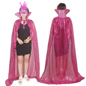 Halloween sequin cape cloak with high collar, shiny party costume for women front and back view