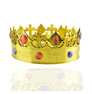 Couronne en plastique doré accessoire de fête diadème avec strass rouges et bleus roi