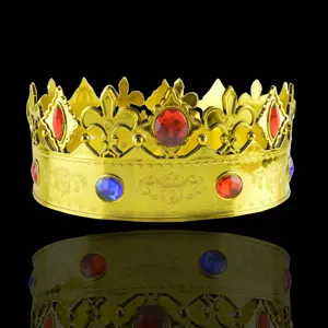 Couronne Dorée Vintage pour Roi Prince Accessoires de Fête Couronne Royale en Plastique Électroplaqué Strass Serre-tête Lys pour Hommes Femmes