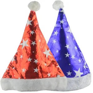 Metalen kerstmutsen rood en blauw met sterren patroon en pluche rand voor feestje