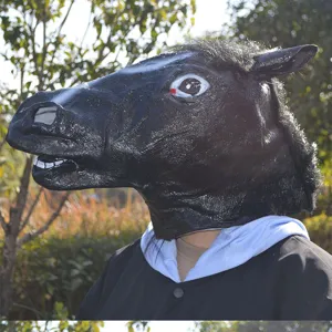 Drôle de masque de tête de cheval noir en latex costume d'animal de fête accessoire détail