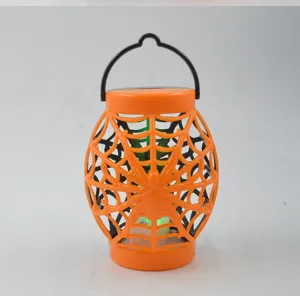 Halloween spinnenweb lantaarn met LED licht, draagbare oranje plastic decoratielamp.