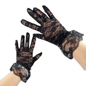 Elegante schwarze Spitzenhandschuhe für Damen, transparente Blumenrüschen als Party-Accessoire.