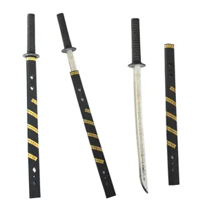 Plastic toy samurai katana sword model for kids, black and gold design with scabbard.