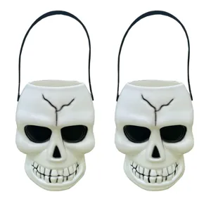 Halloween Totenkopf Eimer Kunststoff Weiß Geisterkopf Dose LED Leuchtender Skelett Süßigkeiten Eimer Für Party Deko Geschenk