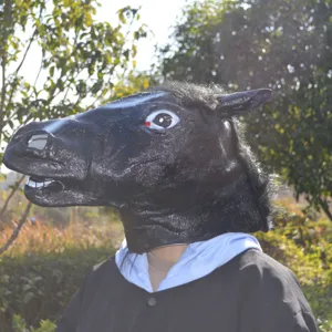 Drôle de masque de cheval noir pour fête, costume d'animal en latex réaliste accessoire Halloween.