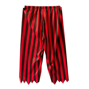 Pantalón de pirata a rayas para niños, rayas verticales rojas y negras con dobladillo dentado.